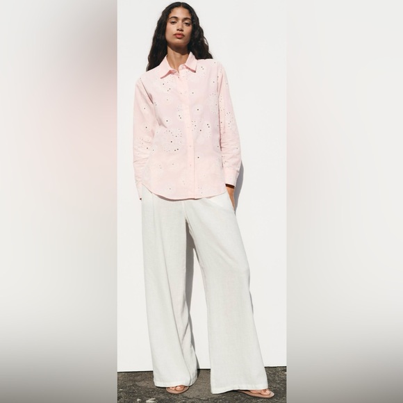 Zara Pink Cotton White Eyelet Button-Up Blouse | L | Rubberized Eyelets | NWT - Picture 6 of 13